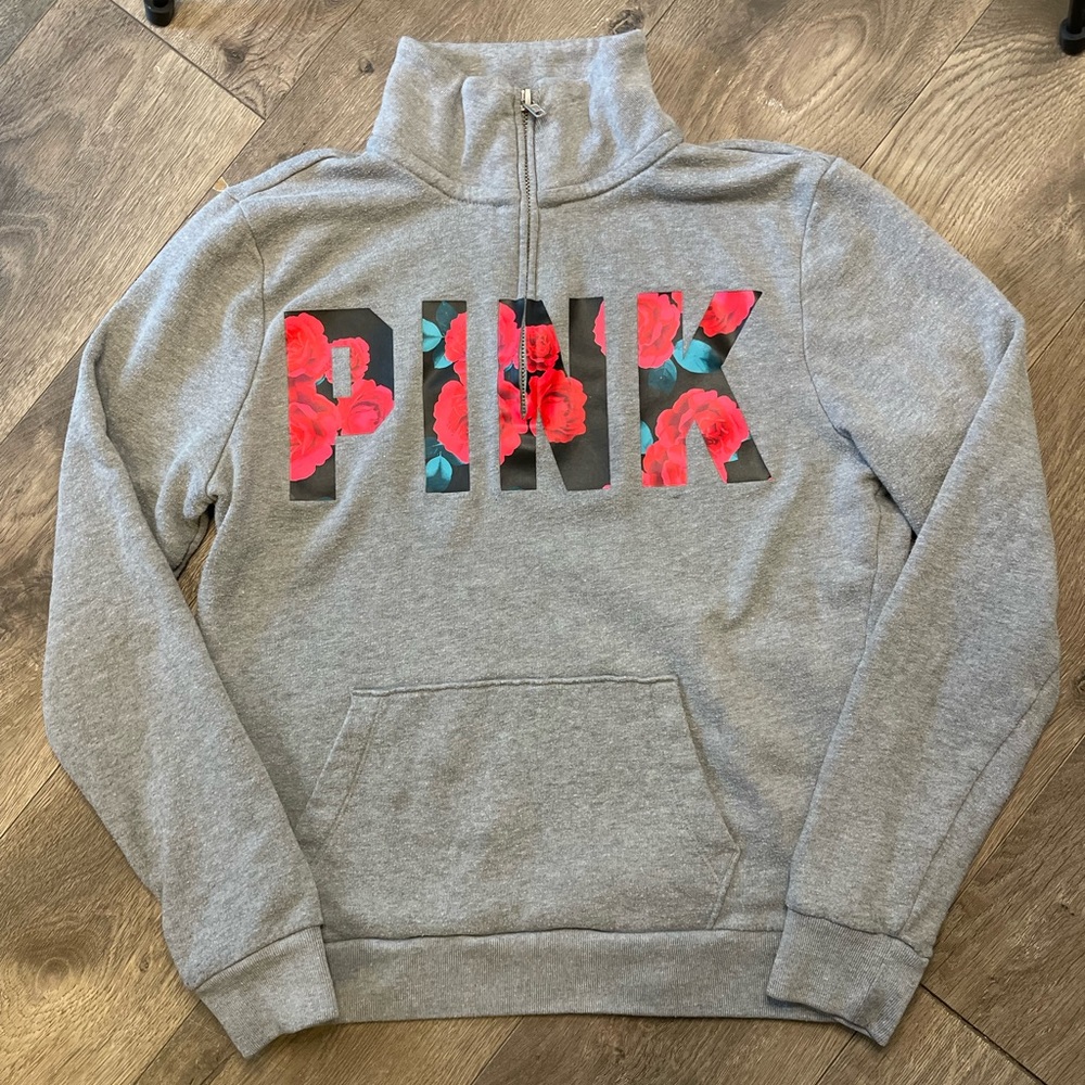 Pink 1/4 zip floral pullover sweatshirt